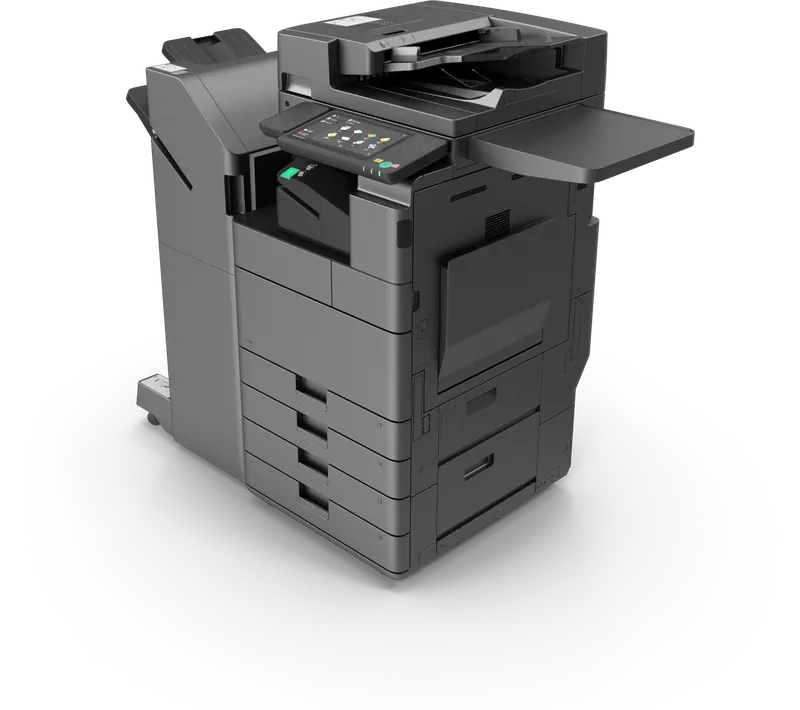 A multifunction office photocopier with finisher and paper trays