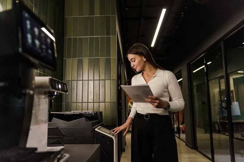 A woman checking a print job on a tablet beside an office copier