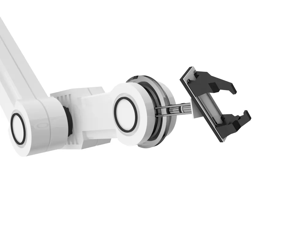 A white robotic arm with a gripper